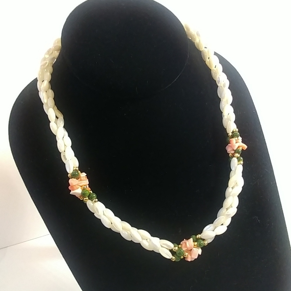 Coral, Jade, Mother of Pearl Cluster 17" Necklace